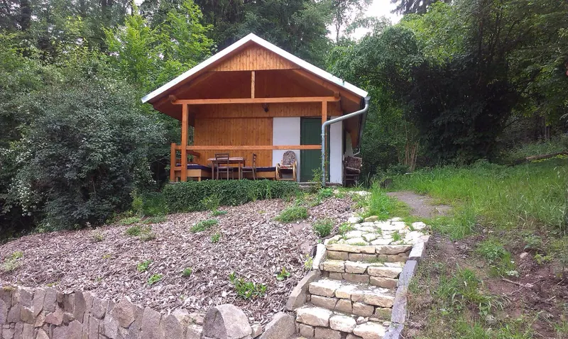 Dřevěná chatka s terasou u lesa